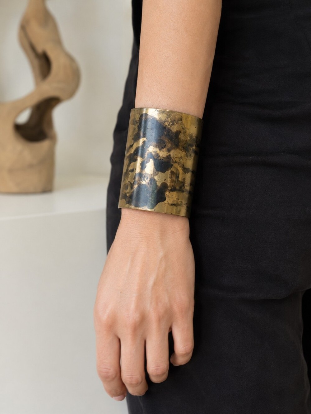 Mona Assemi Gold Plated Bronze Black Patina Statement Cuff Bracelet